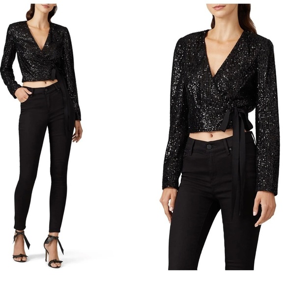 ML Monique Lhullier Black Sequin Wrap Top XS - Picture 1 of 8